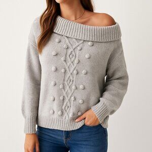 Womens 1X Gray Knit Bobble Sweater Pullover Off Shoulder Slouchy Collar Winter